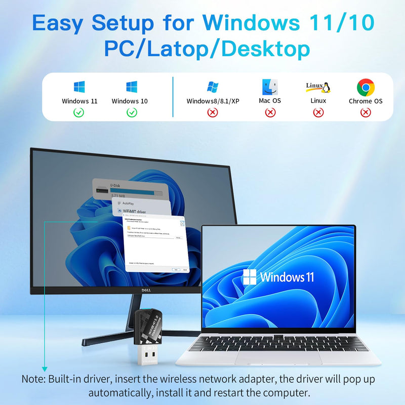 2-in-1 USB AX900Mbps WiFi 6 Bluetooth Adapter for PC, Latest Bluetooth 5.4 Wi-Fi 2.4G/5GHz Dual Band Wireless Network Dongle for Windows 11 10 Laptop Desktop, Plug n Play w/Built-in Driver