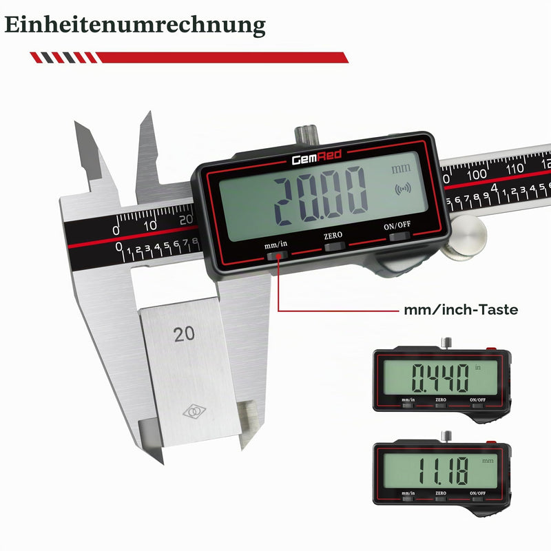 GemRed Digital Caliper 200mm / 8" with Large LCD Display | With large LCD display, digital calliper, mm/inch conversion, auto-off, 4-way measurement for workshop, DIY & 3D printing