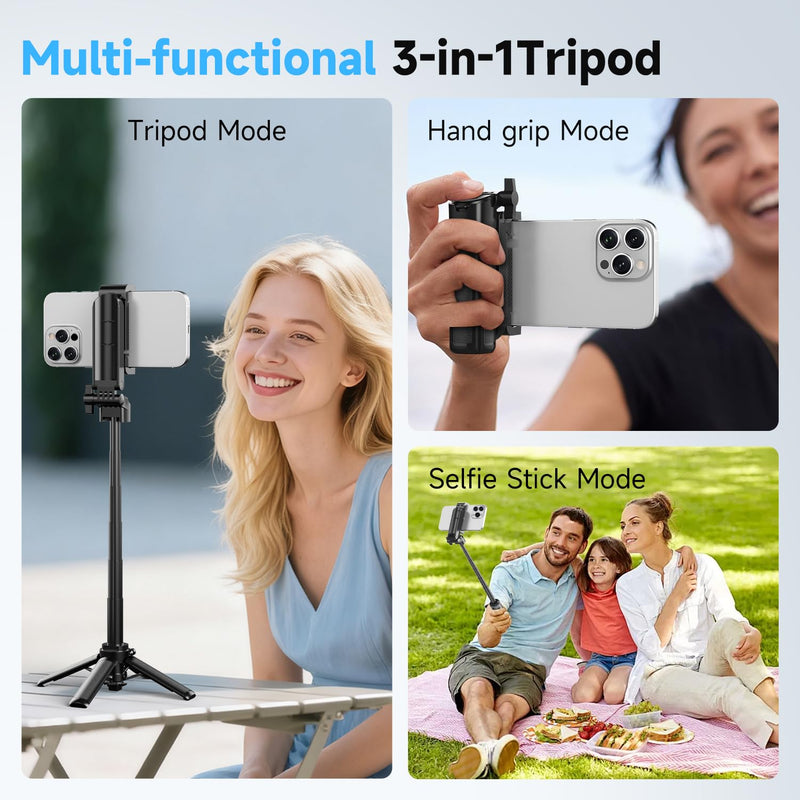 Phone Tripod, Selfie Stick with Light, 3-in-1 Mini Tripod with Wireless Detachable Remote Control & 2 Fill Light, Portable Travel Tripods for Vlog Photography Livestreaming Video Recording