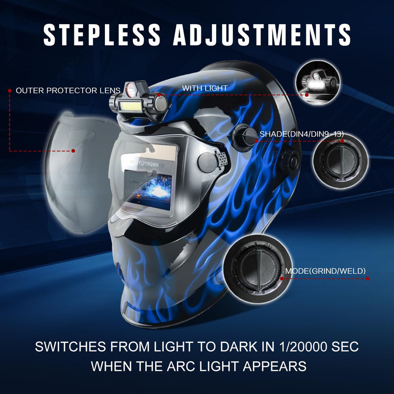 TRQWH Auto Darkening Welding Helmet with Light True Color Welding Hood | Extra Grind Mode, Solar Powered Welding Mask, 1/1/1/2 Optical Clarity, 1/25000s Fast Switching, for Stick MIG TIG Cut Blue