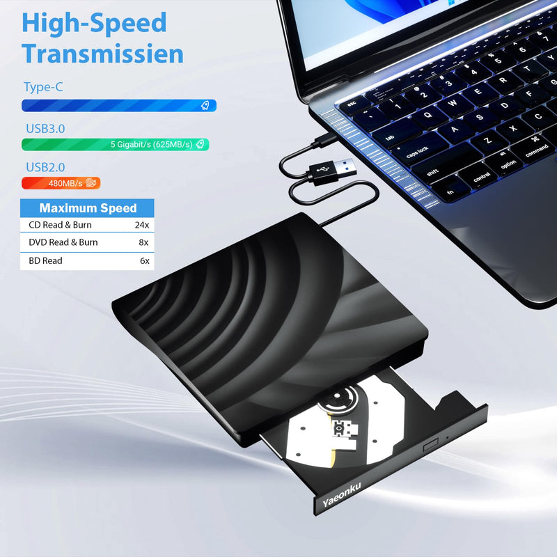 External Blu Ray Drive, USB 3.0 Type-C 3D Bluray CD DVD BD Reader Player Slim Optical Bluray CD/DVD Burner for MacBook Laptop Desktop PC Compatible with Mac OS Windows XP/7/8/10/11 External Blu Ray Drive