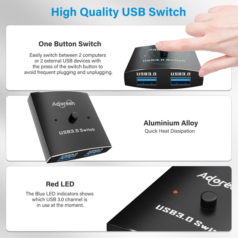 Adoreen USB 3.0 Switch Y Splitter, 2 in 1/1 in 2 Out Switch Selector, Bi-Directional 2 Computers Share 1 USB A Devices for Printer Cable, Keyboard, Scanner, Mouse