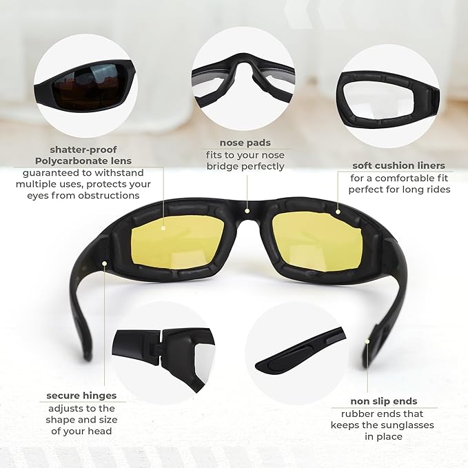 3 Pairs Motorcycle Riding Glasses Foam Padded Eyewear Goggles UV Protection Anti-Wind Dustproof Motorcycle Sunglasses for Outdoor Activities Sports-Clear Yellow Smoke