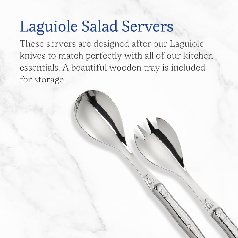 Jean Dubost Salad Servers, Stainless Steel Handles - Rust-Resistant Stainless Steel - Includes Wooden Tray - Made in France Silver