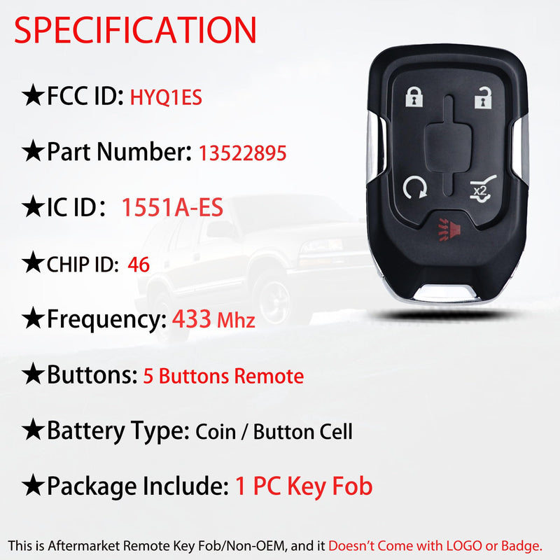 Smart Key Fob Replacement Fits for GMC Acadia 2021 2022 2023 Keyless Entry Remote Control FCC: HYQ1ES PN:13522895 46 Chip 1551A-ES 433MHz 5 Button