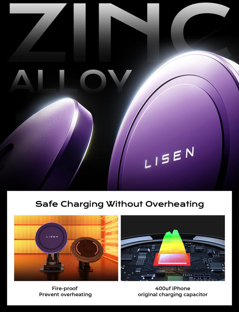 LISEN for Magsafe Car Mount Charger Dash,2 in 1 Magnetic Wireless Car Charger [Strong Magnet&15W] Magsafe Charging Mount Wireless Fast Charging for Magsafe Charger Fits iPhone 15 14 13 12,Purple Purple