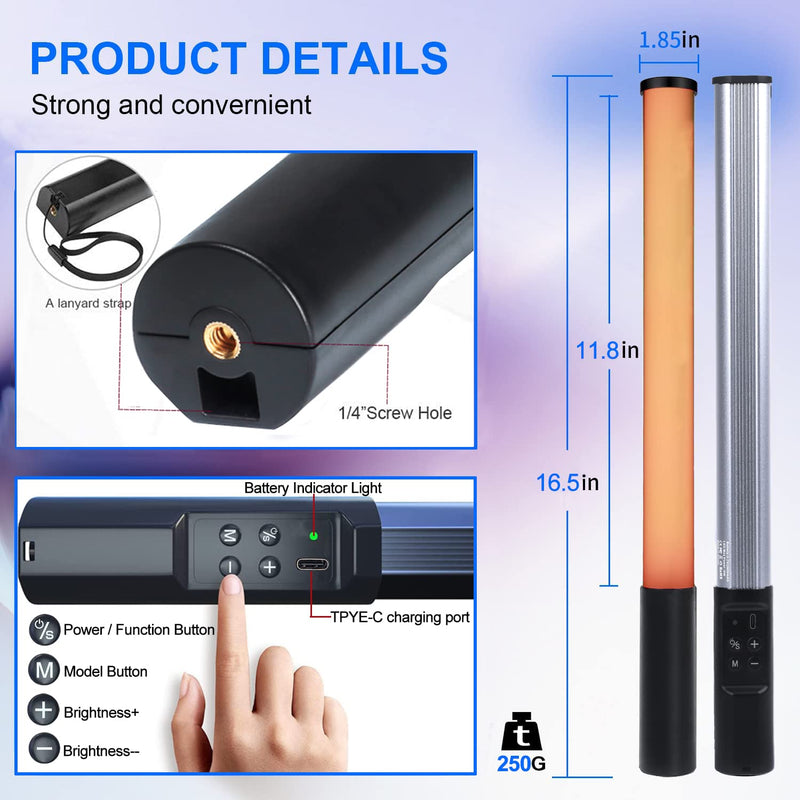 RGB LED Video Light Wand Stick with Tripod & Remote Control, 9 Color Modes, 3200K-9900K