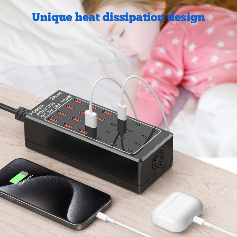 USB Charger 24 Ports, USB Charging Station 24-Port 100W(20A), USB Charger Block, 12 USB A & 12 USB C Ports fast Charger Desktop, Multi-Function Smart Charger for Apple iPhone iPad Samsung Laptop Pixel