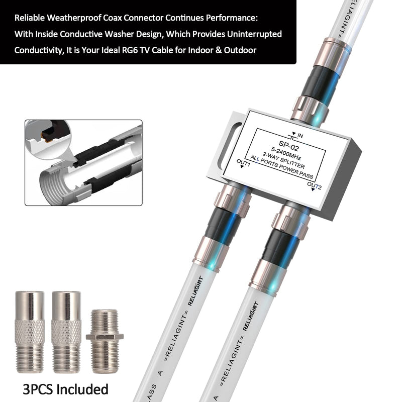 RELIAGINT 25ft, RG6 White Coaxial Cable with F Pin Connector, F81 Double Female Extension Adapter, Low Loss High Speed Coax Cable Cord Extender for HD TV, Dish,Satellite, Antenna, TV Cable 25' 25 FT