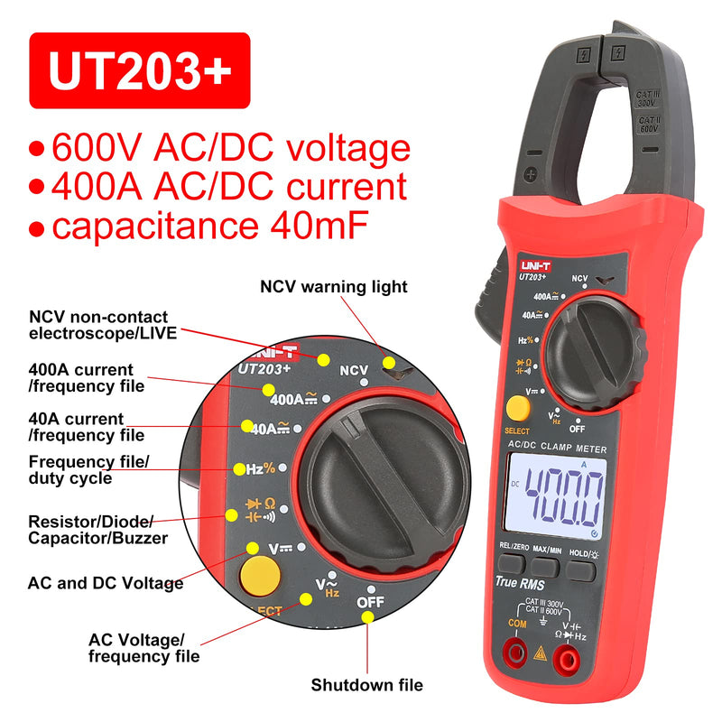 UNI-T UT203+ Digital Clamp Meter AC/DC Current Auto Range True RMS Max/Min Backlight Multimeter UT203+