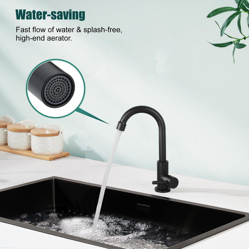 Heyalan Cold Water Only Kitchen Faucet, SUS304 Stainless Steel Bar Sink Faucet, Single Handle High Arc Gooseneck, 1 Hole Deck Mount, Matte Black, 8.3 Inch for Bar, RV, Laundry, Outdoor