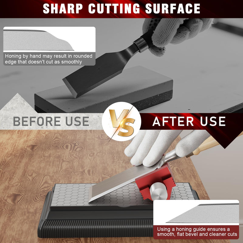 Honing Guide with Whetstone for Woodworking,Sharpening Jig Center Upgraded Honing Tool and Diamond Chisel Sharpening Stone Set Kit for Knife, Short Chisels and Planes, Fine/Coarse Plate, 400/1000/Grit Red