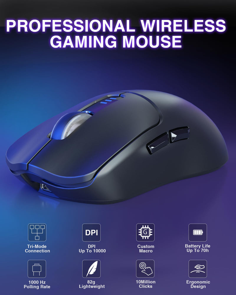 AULA SC580 Wireless Gaming Mouse, Tri-Mode 2.4G/BT5.0/USB-C Gaming Mouse, 10000 DPI Rechargeable Wireless Mouse with 6 Programmable Buttons, Ergonomic Computer Mouse for Laptop/PC/Mac/Tablet Black