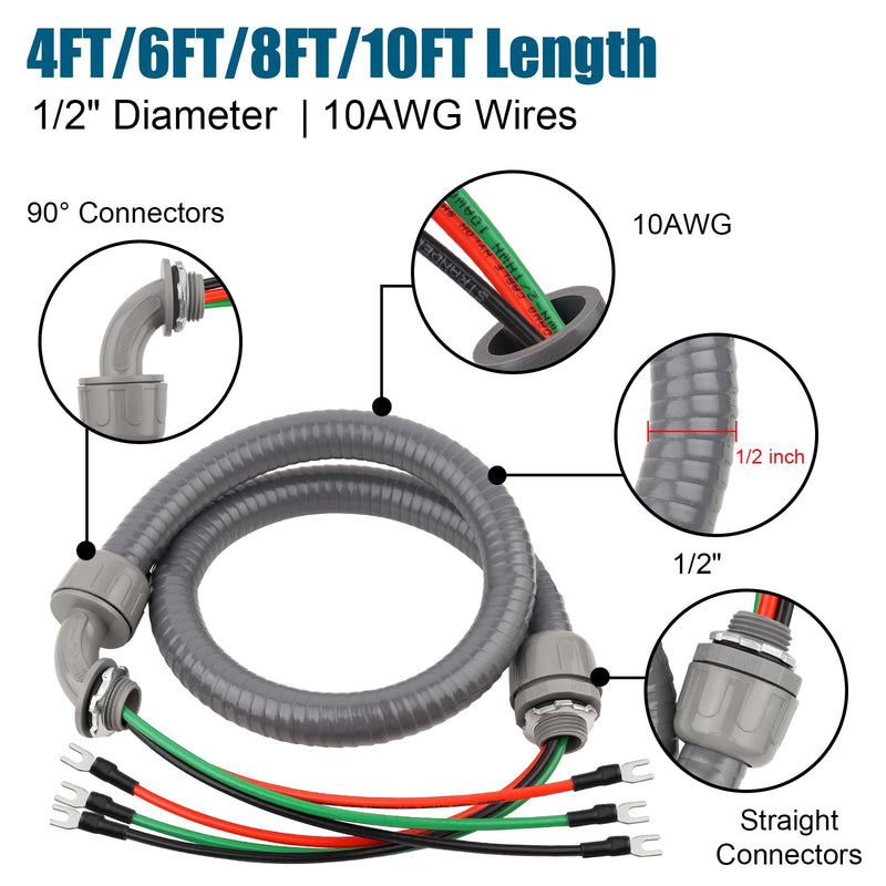 6FT Non-Metallic Liquid-Tight Conduit Kit, 1/2" Pre-Wired Electrical Whip with 3×10AWG THHN Copper Wires & Pre-Installed Terminals, 90° & Straight Connectors, Outdoor HVAC A/C Wiring 6 ft With Terminals