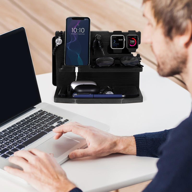 Gifts for Men Desk or Nightstand Organizer - Wood Phone Docking Station - Birthday Gifts for Husband, Fathers Day for Dad - Anniversary Idea from Wife - Key Holder, Stand Wallet, Watch & Essentials Black