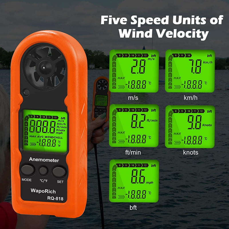 Handheld Wind Meter WapoRich RQ-818, Digital LCD Backlight Wind Speed Meter Mini Wind Meter for Measuring Wind Speed/Temperature Portable Wind Meter for Surfing RQ-818 Mini Wind Meter
