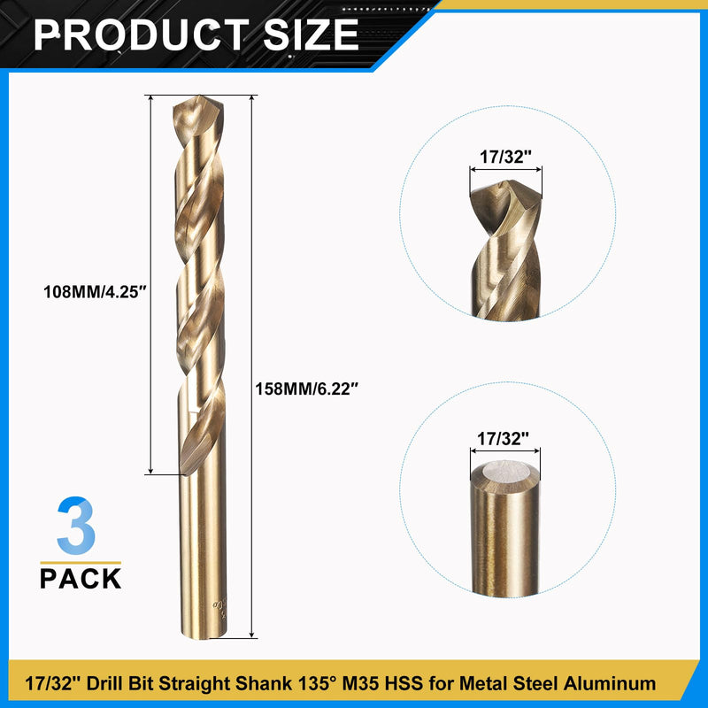 PATIKIL 17/32" Drill Bit, M35 Cobalt 5% High-Speed Steel Jobber Straight Shank 135° Gold Finish for Stainless Steel Hard Metal - 3 Pack 17/32"