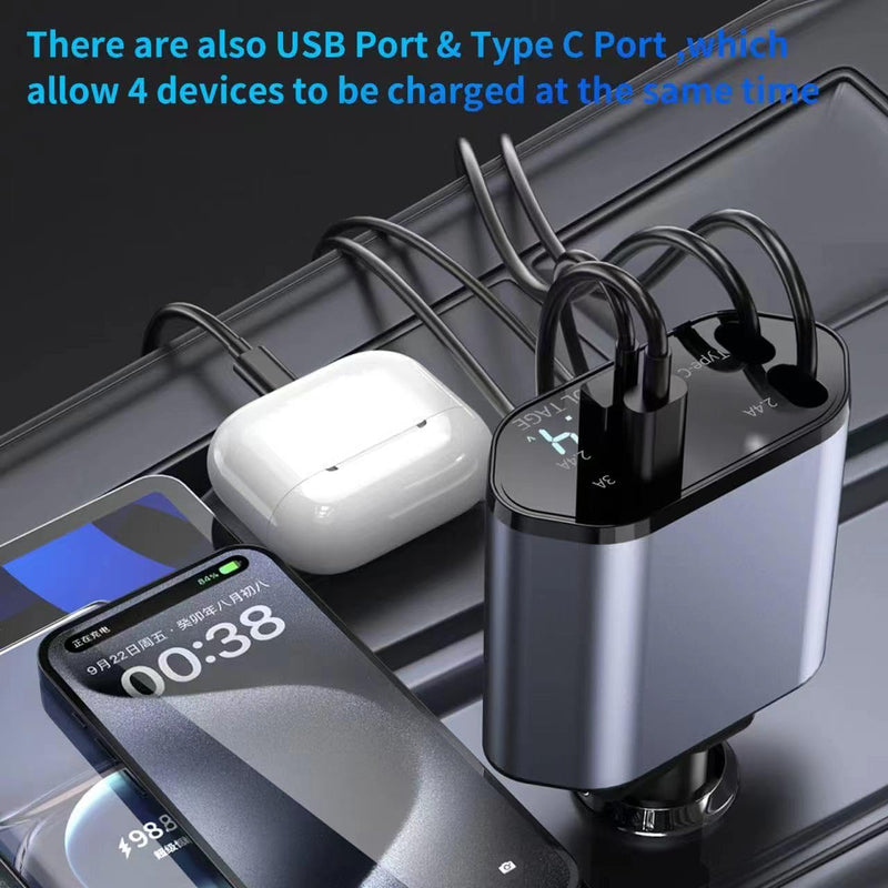 Retractable Car Charger, 4 in 1 Fast Car Phone Charger 100W with Cord 2.6ft, Retractable Cable and 2 USB Ports Car Charger Adapter for iPhone 15 14 13 12 Pro Max, Galaxy S23