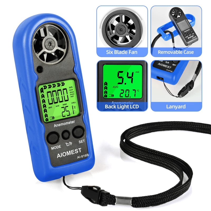AIOMEST Wind Meter, 816B Digital Anemometer Handheld Wind Meter with Backlight, Wind Chill, MAX/AVG for Measuring Wind Speed and Air Temperature. 1PCS