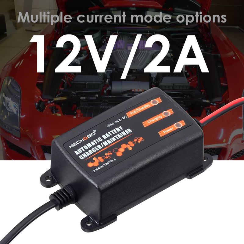 12v 2A Battery Charger, Trickle Charger for Lawn Mower Battery, Motorcycle, car, Boat, ATVs, Riding andMore -2000mA Battery Maintainer and Desulfator withIntelligent Interface 1