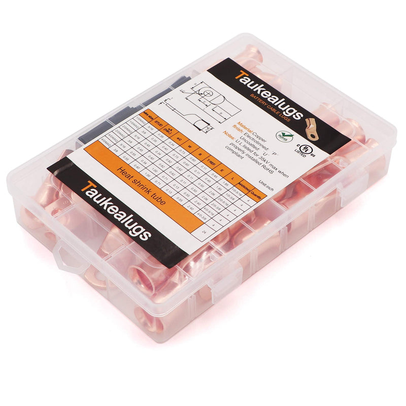48PCS Battery Cable Copper Wire Lugs Ends 1/0 2/0 4/0 Gauge 5/16 3/8, Crimp Ring Terminal Connectors with Heat Shrink Tubing Assortment Kit AWG1/0~4/0