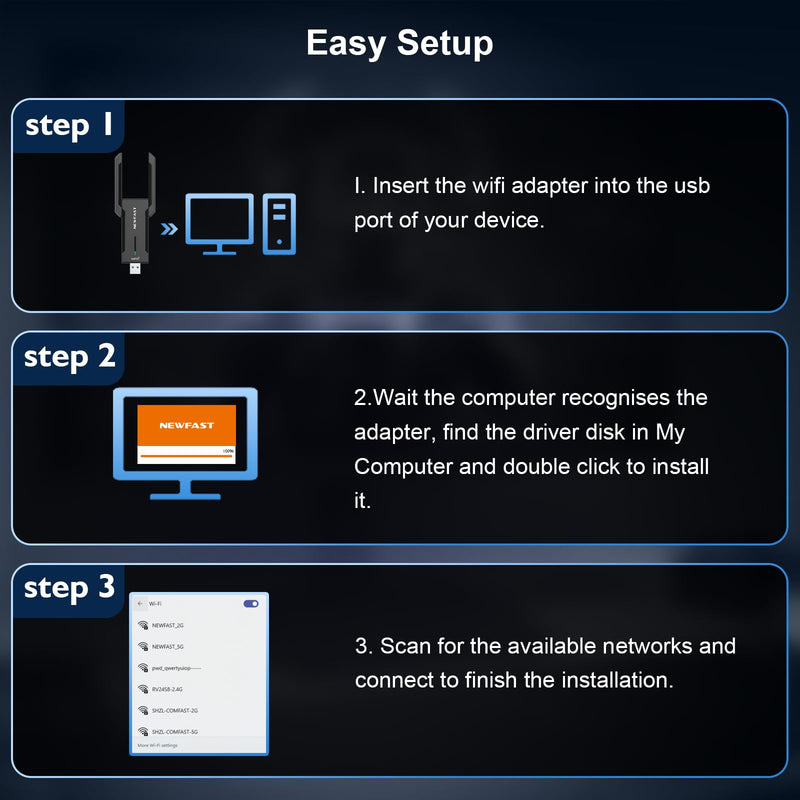 NEWFAST AXE5400 USB WiFi Adapter for Desktop PC NF-U353, Tri-Band Wireless Network Adapter for Laptop, USB 3.0 WiFi Adapter for PC,New 6GHz Band,MU-MIMO,OFDMA,WPA3,WiFi 6E Dongle for Windows 11/10 black