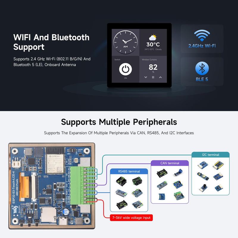 Waveshare ESP32-S3 4inchCapacitive Touch Display, V2 Update Version, 480x480, 5-Point Touch, 32-Bit LX7 Dual-Core, 240MHz, WiFi & Bluetooth, Onboard Antenna