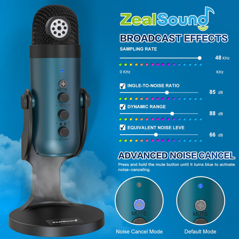 ZealSound USB Microphone,Quick Mute Noise Cancel for Phone Computer PC PS5,Gaming Microphone with Gain Control,Echo Monitor Volume Adjust for Streaming Vocal Recording ASMR Podcast Video (Teal) Teal