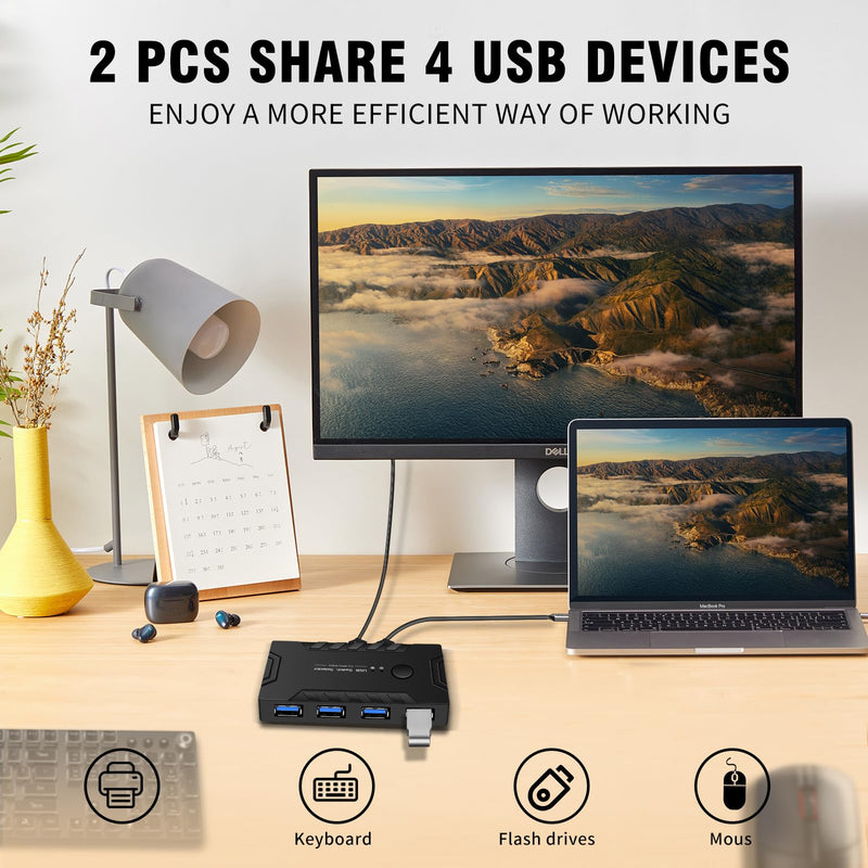 USB 3.0 Switch selector 2 Computers Share 4 USB Devices,2 in 4 Out USB 3.0 KVM Switch for Mouse Keyboard Printer Scanner and pc, One-Button USB Switcher and 2 Packs of USB Cables