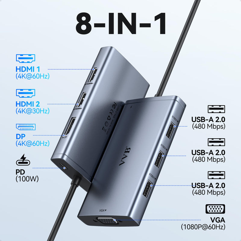 USB C Laptop Docking Station Dual Monitor Adapter for Dell/HP, 8 in 1 Docking Station 3 Monitors Hub with 2 HDMI*4K, Displayport, VGA, 3USB 2.0,100W PD, Thunderbolt 4 USB C Dock for Lenovo/Surface 8 Ports 2HDMI+DisplayPort+VGA