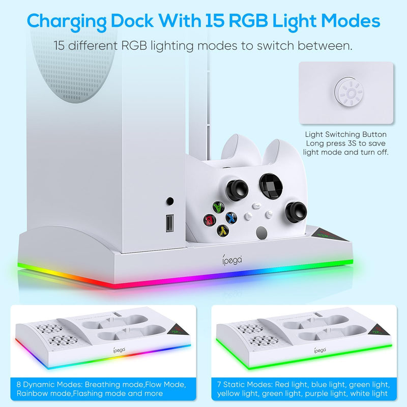 Upgraded RGB Cooling Fan Charging Station for Xbox Series S Console& Controller,Dual Charger Dock Cooler System Stand with 15 Colorful Light Modes Accessories with 2*1400mAH Rechargeable Battery,White White