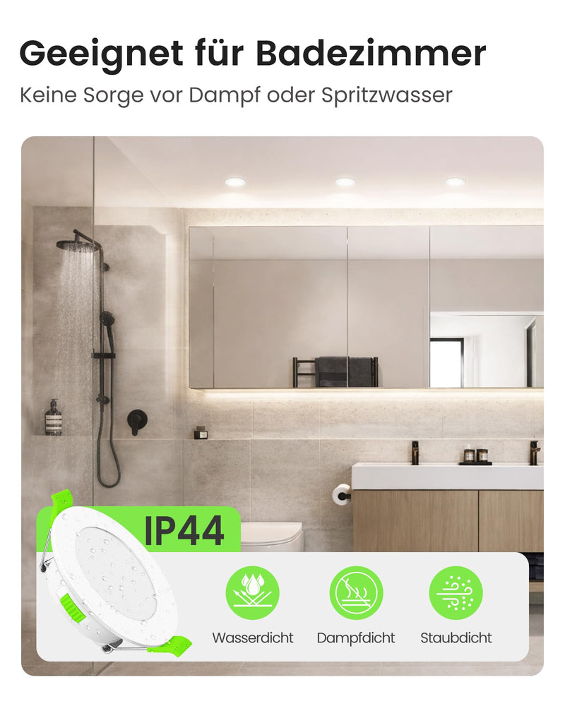 ALUSSO LED Recessed Spotlights, 230 V, 68 mm, Dimmable, 4 W, Ultra-Flat, 310 Lm, IP44, Warm White 3,000 K, Neutral White 4,000 K, Cool White 6,500 K, for Bathroom, Living Room, Set of 6. | 4W 310lm 3CCT, Dimmable, 3000K Warm White 4000K Neutral White 6...