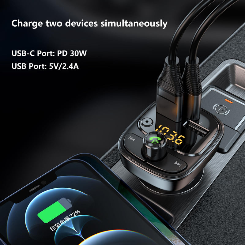 Bluetooth 5.3 FM Transmitter Car Adapter, Wireless Radio MP3 Player Stereo Music Audio Receiver Hands Free Calling, 42W (PD 30W & 12W) USB C Car Charger for iPhone, Support TF Card & USB Disk (Black) Black