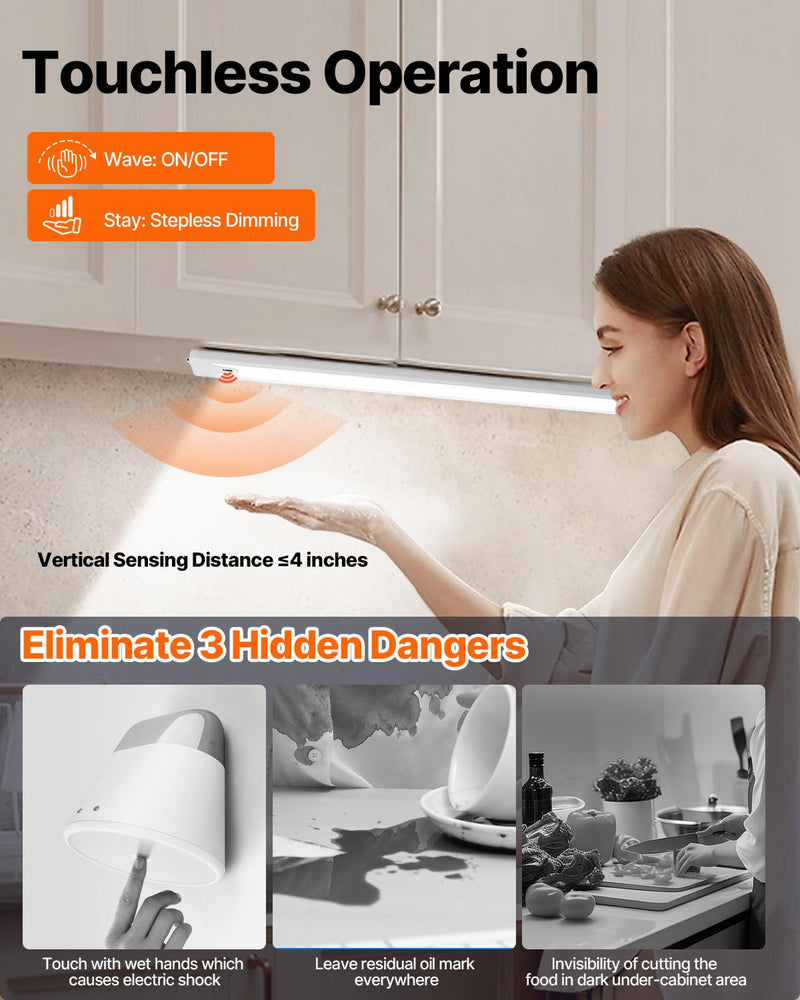16 Inch Under Cabinet Light, Hand Wave Sensor 83 LED Indoor Cabinet Lighting, USB Rechargeable Cordless Closet Light, Stepless Dimming Under Counter Light for Kitchen, Shelves, Bedroom, 2 Pack 16 inch White Light-Hand Wave
