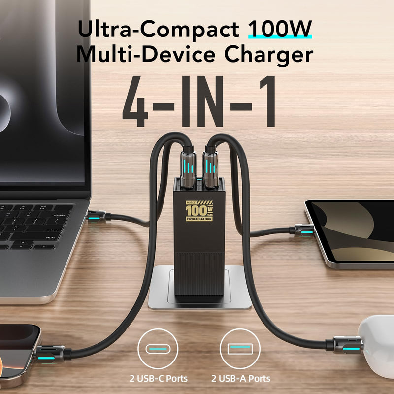 MFish 100W USB C Charger, Foldable Fast Laptop GaN Charger, 4-Port USB C Wall Charger Power Adapter Ports for MacBook Pro 16'', Dell XPS, iPhone 16/15 Pro Max, 6-in-1 Power Strip 100W-Black