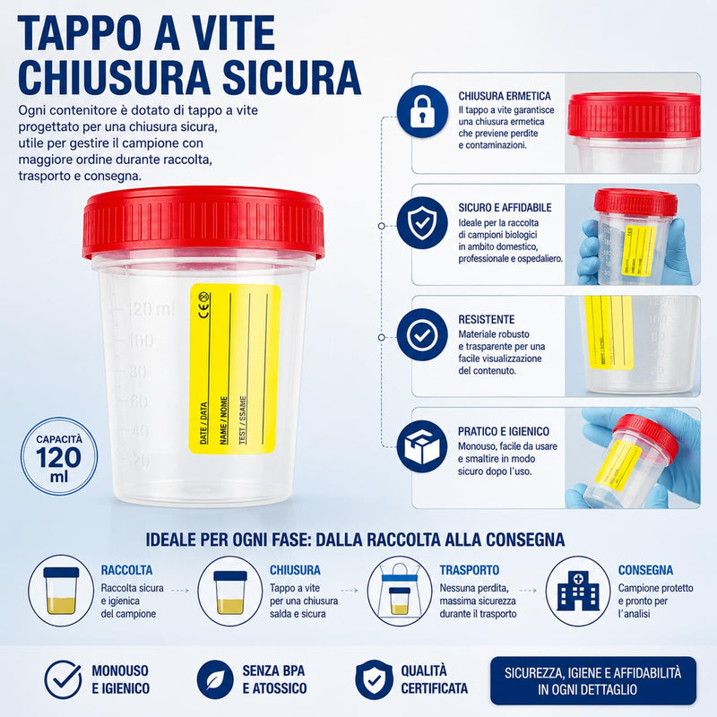 4 Sterile Urine Containers 120 ml with Screw Cap and Label - Urine Cups for Urine Culture Analysis, Hygienic Disposable | 100% Made in Italy