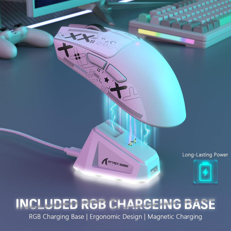 MAGIC-REFINER ATTACK SHARK X11 59g Superlight Wireless Gaming Mouse with Grip Tape, RGB Charging Dock，BT/2.4G Wireless/Wired Pc Mouse, 22000 DPI,5 Programmable Buttons for Pc/Mac(White) White & Griptape