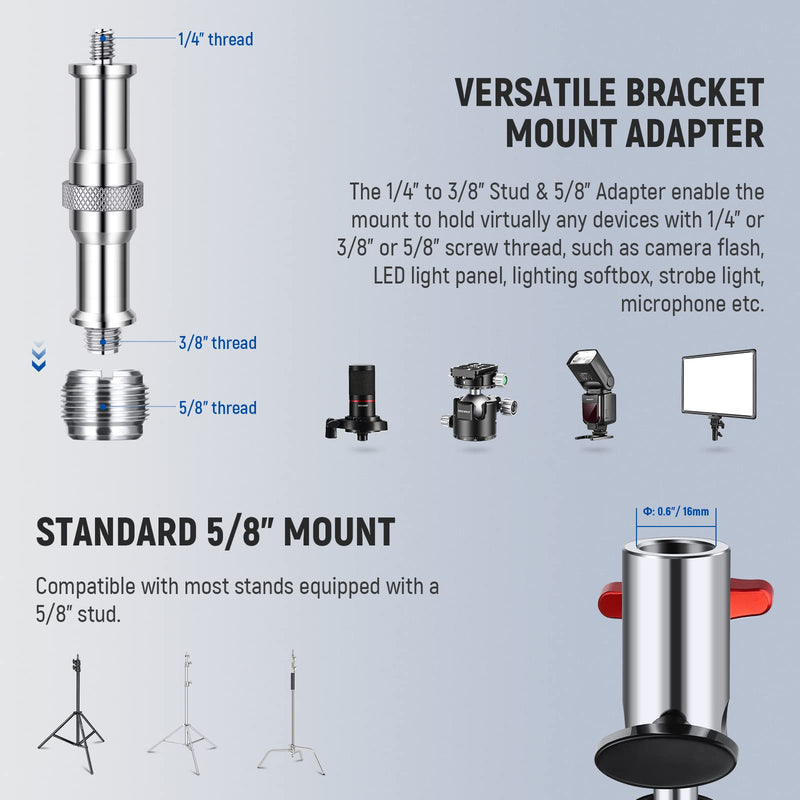Neewer Heavy Duty Light Stand Head Adapter with All Metal Dual Swivel Ball Joint, Dual 5/8'' Receivers, 1/4'' to 3/8'' Convertor Spigot Stud, 3/8'' to 5/8'' Screw, for C Stand, Max Load 14lb, UA020