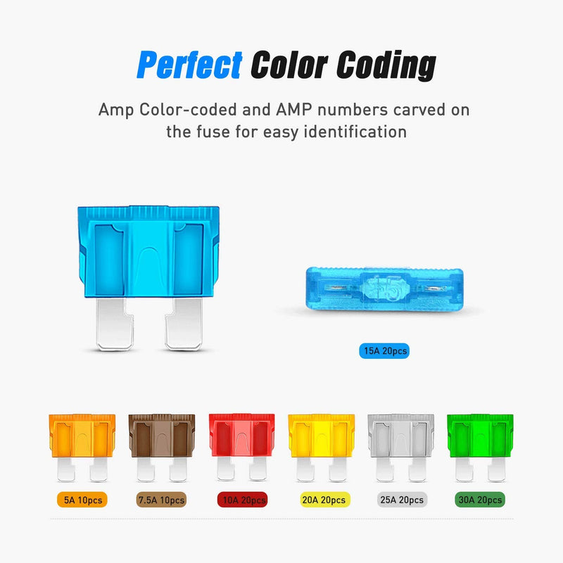 Nilight - 50029R 120 Pcs Standard Blade Fuse 5A/7.5A/10A/15A/20A/25A/30A AMP Assorted Set with 10 Pack 14AWG ATC/ATO Inline Fuse Holder, 2 Years Warranty, 1 Count (Pack of 10) 120Pcs ATC/ATO Fuse + 14AWG Holder 10