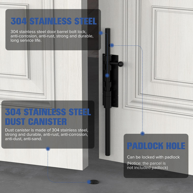 Barrel Bolt Latch, Sliding Bolt Gate Lock Door Latches Hardware, 12 Inch Heavy Duty Solid 304 Stainless Stee Door Lock for Fence/Wooden/Barn Door/Yard Door/Interior Door Latch Black-1Pc