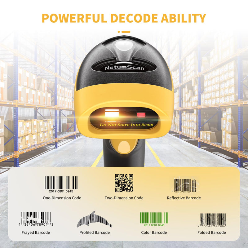 NetumScan Bluetooth QR Barcode Scanner, 3 in 1 Automatic Wireless 1D 2D Barcode Reader USB Image Code Scanner for Store, Warehouse POS, Computer, Tablet, iPad, iPhone, Android 1D & 2D Scanner Yellow
