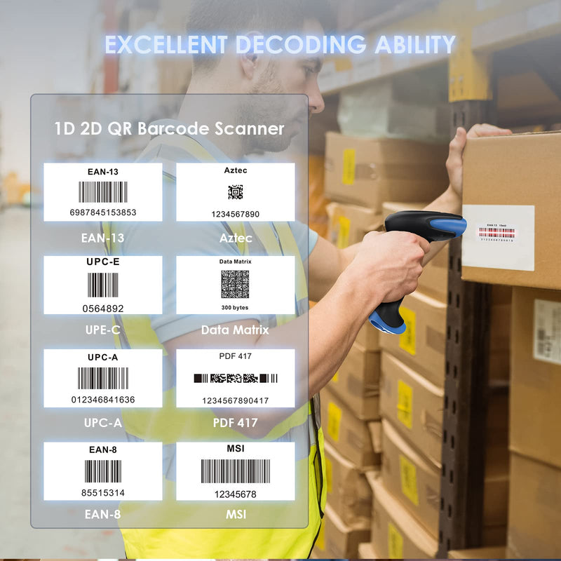 Eyoyo 2D Bluetooth Barcode Scanner Wireless, 2500mAh Handheld Cordless USB Wired QR Bar Code Reader for Library, Warehouse Inventory Compatible with iPad, Android Phone, iPhone, Laptop Light Blue