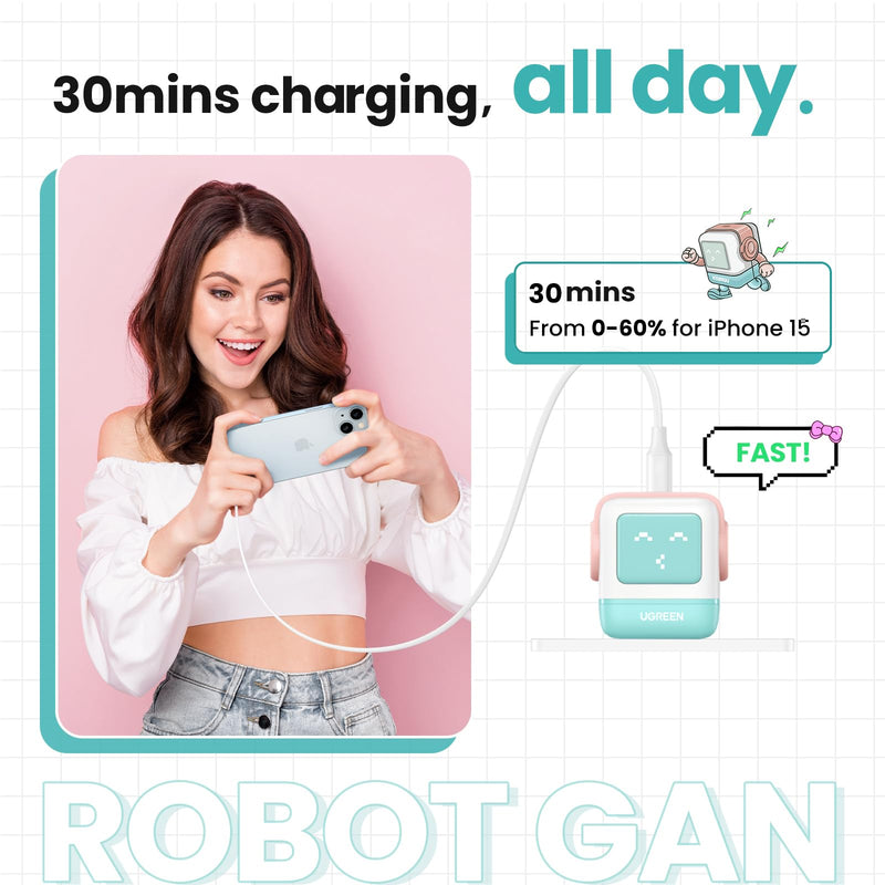 UGREEN Uno Charger 30W USB C Charger, Nexode Robot GaN Fast Charger Block, Compact Wall Charger Power Adapter for iPhone 15/14/13, Galaxy S24/S23/S22, Pixel 7/8, MacBook Air, iPad Pro (Pink Blue) Pink Blue