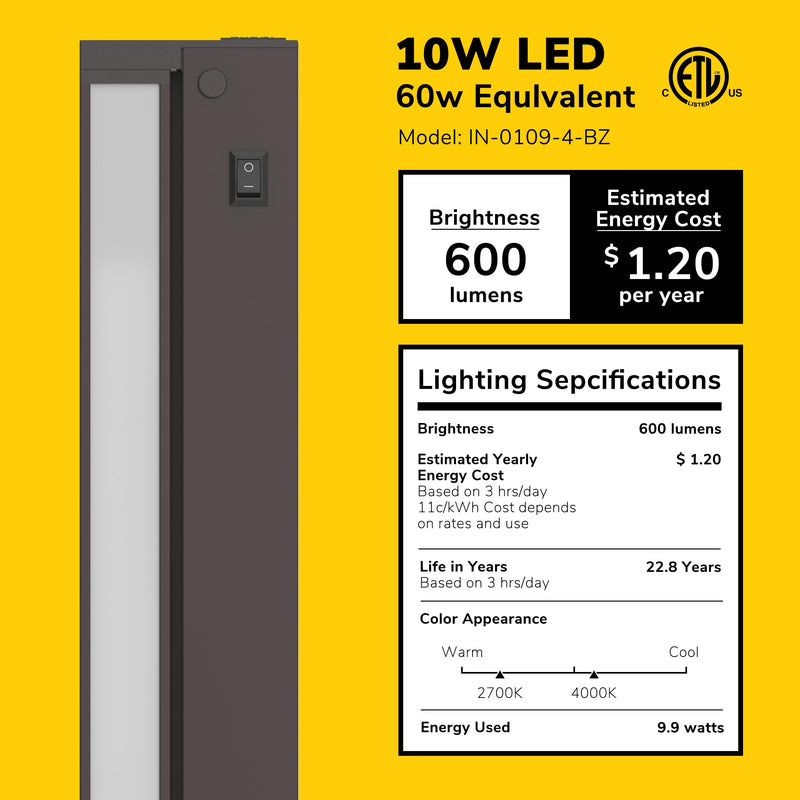 GETINLIGHT 16-inch Swivel LED Under Cabinet Lighting, 2 Color Levels, 2700K/4000K, Dimmable with Wall Dimmers, Plugged-in Only, Bronze Finished, IN-0109-4-BZ 16 Inch