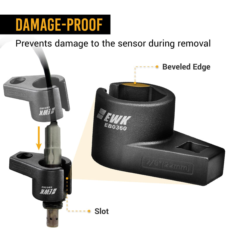 EWK 7/8" (22mm) Offset Oxygen Sensor Socket, 3/8" Drive O2 Sensor Removal Tool with Wire Gate, 6-Point