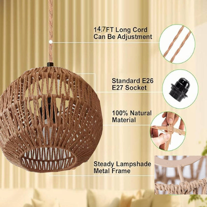 Hanging Light .Ceiling Lamp Pendant Lights Rattan Hanging Lamp with Plug in Cord for Living Room. Bedroom .Kitchen.Indoor Hanging Lamp Plug in Woven Lampshade (Brown-PX) Brown-PX