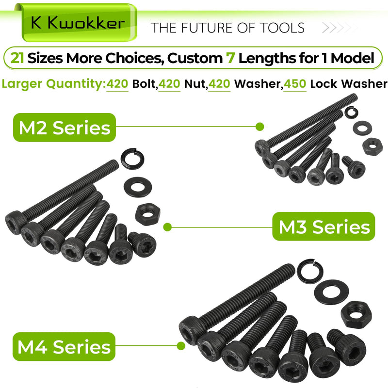 Hex Socket Metric Bolt Assortment, 1713Pcs M2 M3 M4 | 21 Sizes 4mm–30mm Length; 12.9 Alloy Steel, Zinc Plated; Includes Screws, Nuts & Washers and Hex Bits for Machinery Repair A. M2 M3 M4