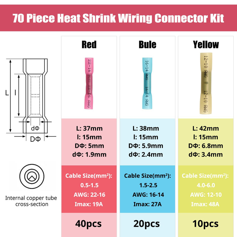 YIXISI 70 pieces butt connector cable connector waterproof set, solder connector, shrink connector butt connector, heat shrink butt connector, crimp connector cable connector, 26-10 AWG BHT - 70 pieces