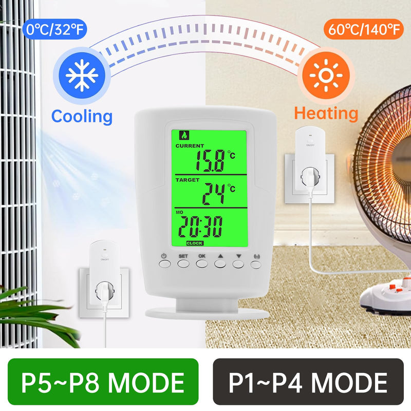 diymore Wireless Thermostat Socket, Infrared Heating Thermostat with Heating and Cooling Mode, Socket Thermostat 230 V with Temperature Sensor, LCD Display with Backlight