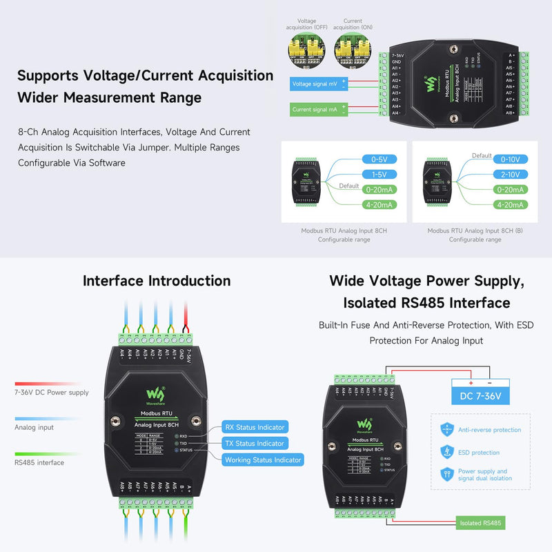 Waveshare Industrial 8-Ch Analog Acquisition Module, 12-Bit High-Precision, Supports Voltage and Current Acquisition, DC 7~36V Wide Voltage Power Supply, 8-ch Voltage Mode, 0~10V